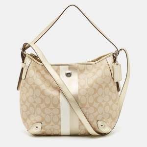 Coach Gold/Beige Signature Coated Canvas and Leather Chelsea Heritage Stripe Hobo