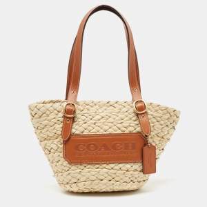 Coach Beige/Brown Straw and Leather Structured 16 Tote 