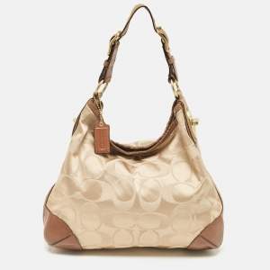 Coach Brown/Beige Signature Fabric and Snakeskin Effect Peyton Hobo