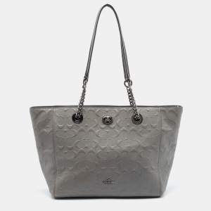 Coach Grey Signature Embossed Leather Turnlock Chain Tote
