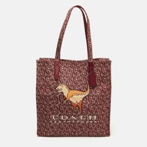Coach Burgundy/Beige Canvas Rexy Dinosaur Print Shopper Tote