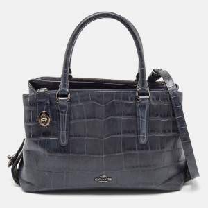 Coach Navy Blue Croc Embossed Leather Brooklyn Carryall 28 Tote