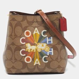 Coach Beige Signature Coated Canvas and Leather Mini Radial Rainbow Town Bucket Bag