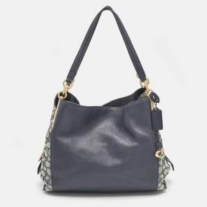 Coach Navy Blue Signature Jacquard Canvas and Leather Dalton 31 Shoulder Bag