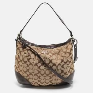 Coach Beige/Brown Signature Canvas and Patent Leather Hobo