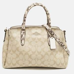 Coach Beige Signature Coated Canvas and Snake Print Leather Sage Carryall Satchel