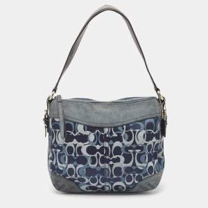 Pre Owned Coach Blue/Dark Brown Signature Canvas and Suede Shoulder Bag