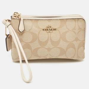Coach Beige Signature Coated Canvas Double Corner Zip Wristlet Pouch