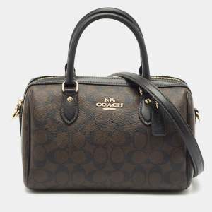 Coach Black/Brown Signature Coated Canvas and Leather Rowan Boston Bag