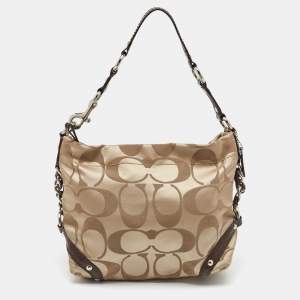 Coach Beige/Dark Brown Signature Canvas and Patent Leather Carly Hobo