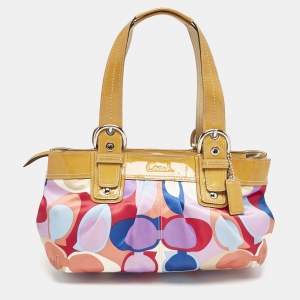 Coach Multicolor Op Art Scarf Print Satin and Patent Leather Soho Tote
