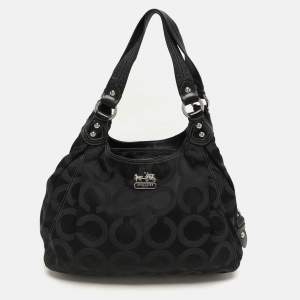 Coach Black Signature Canvas and Leather Op Art Madison Hobo