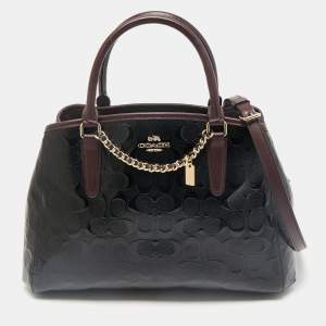 Coach Black/Burgundy Signature Embossed Patent Leather Margot Satchel