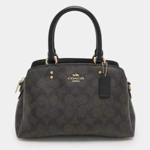 Coach Brown/Black Signature Coated Canvas and Leather Mini Lillie Carryall Satchel