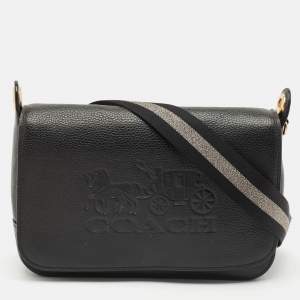 Coach Black Leather Logo Embossed Jes Flap Messenger Bag