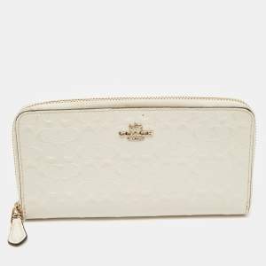 Coach White Signature Embossed Leather Long Zip Around Wallet
