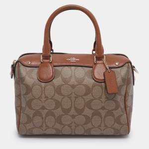 Pre Owned Coach Beige/Brown Signature Coated Canvas and Leather Mini Bennett Satchel