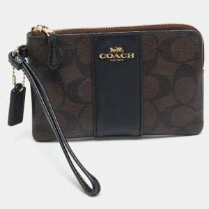 Coach Brown/Black Signature Coated Canvas and Leather Corner Zip Wristlet