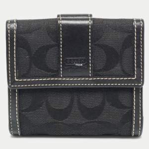 Coach Black Signature Canvas and Leather Flap Compact Wallet
