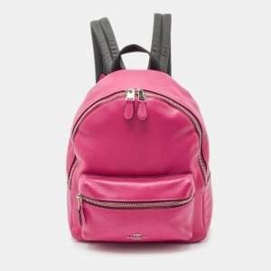 Pre Owned Coach Pink/Black Leather and Nylon Charlie Backpack