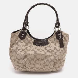 مملوكة مسبقًا Coach Beige Canvas and Patent Leather Ashley Hobo
