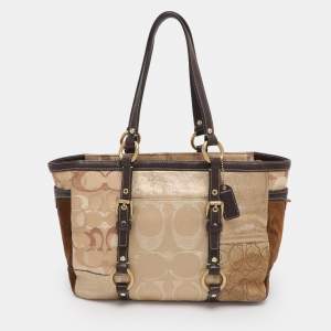 Pre Owned Coach Gold Signature Canvas, Suede and Leather Patchwork Tote