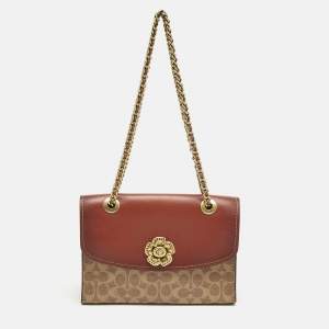 Pre Owned Coach Brown Signature Coated Canvas and Leather Parker Shoulder Bag