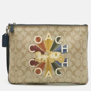 Pre Owned Coach Beige/Blue Signature Coated Canvas Large Radial Rainbow Wristlet Pouch