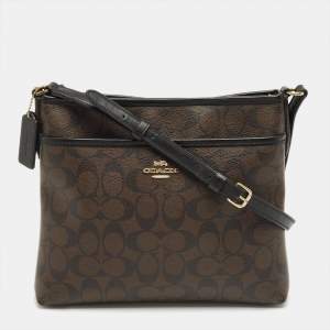 Pre Owned Coach Brown/Black Signature Coated Canvas File Crossbody Bag
