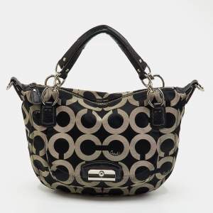 Pre Owned Coach Black/Grey Maggie Op Art Canvas and Leather Shoulder Bag