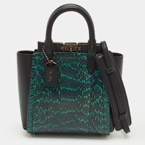 Pre Owned Coach Troupe 16 Black/Green Leather and Snakeskin Tote