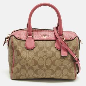 Pre Owned Coach Bennett Mini Pink/Beige Signature Coated Canvas and Leather Satchel