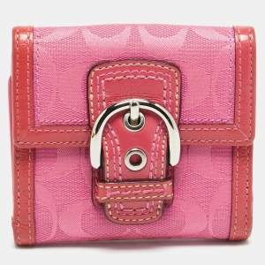 Pre Owned محفظة كوتش مدمجة قماش توقيع وردي/بيج وجلد براءات الاختراع