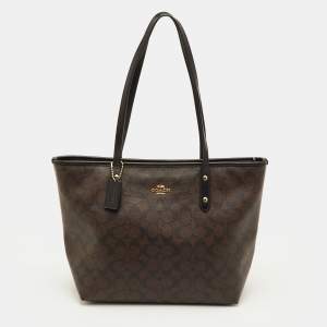 Pre Owned Coach City Zip Dark Brown/Black Signature Coated Canvas and Leather Tote