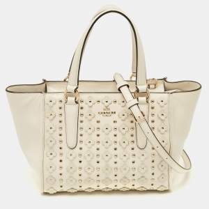 Pre Owned Coach Crosby Off White Floral Applique Leather Tote