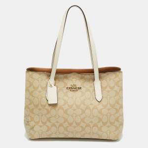 مملوكة مسبقًا Coach Avenue Beige/White Signature Coated Canvas Tote