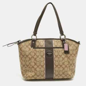 Pre Owned Coach Front Pocket Beige/Brown Signature Coated Canvas Leather Satchel