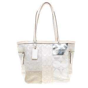Coach White/Silver Canvas and Leather Patchwork Shopper Tote
