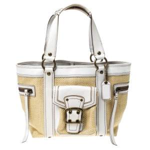 Coach Beige/White Straw and Leather Tote