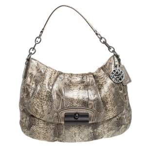 Coach Beige Python Embossed Leather Flap Shoulder Bag