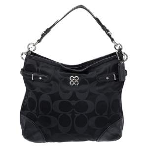 Coach Black Signature Canvas and Lizard Embossed Leather Colette Hobo