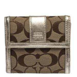 Coach Beige/Gold Signature Canvas and Leather Compact Wallet