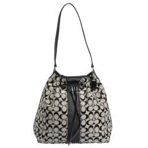 Coach Grey/Black Signature Canvas and Patent Leather Drawstring Shoulder Bag