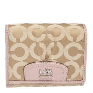 Coach Pink/Beige Signature Canvas and Leather Flap Compact Wallet