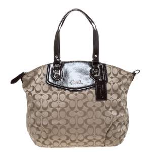 Coach Dark Brown/Beige Signature Canvas and Patent Leather Ashley North/South Satchel