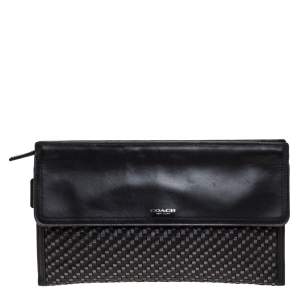 Coach Black/Grey Woven Leather Flap Clutch