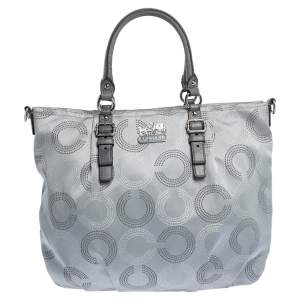 Coach Metallic Grey Op Art Nylon and Leather Satchel