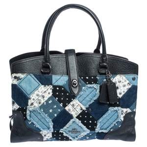 Coach Black/Blue Leather and Denim Patchwork Tote 