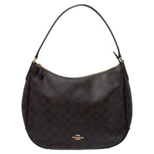 Pre Owned Coach Brown Signature Coated Canvas and Leather Zip Hobo