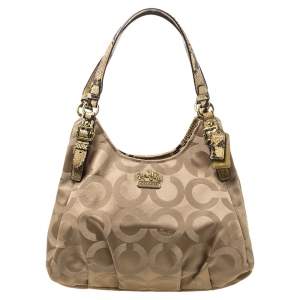 Pre Owned Coach Beige Signature Canvas and Snakeskin Effect Leather Hobo